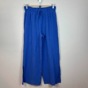 Magaschoni Blue Gauzy 100% Organic Cotton Wide Leg Pull on Pants Womens Medium‎